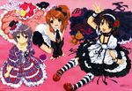  3girls absurdres art asahina_mikuru brown_hair female flower gothic_lolita gray_hair grey_hair highres ikeda_shouko lolita_fashion long_hair multiple_girls nagato_yuki official official_art open_mouth orange_hair purple_hair rose short_hair suzumiya_haruhi suzumiya_haruhi_no_yuuutsu 