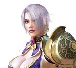  3d blue_eyes breasts cleavage isabella_valentine large_breasts lips lipstick makeup short_hair soul_calibur soulcalibur_iv very_short_hair white_hair 