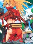  ass blonde_hair butt_crack cameltoe disgaea disgaea_2 from_behind impossible_clothes mask ninja_(disgaea) pointy_ears ponytail red_eyes sky sword water 