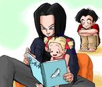  1girl 2boys android_17 black_hair blonde_hair blue_eyes book daughter dragon_ball dragonball_z family father kuririn marron multiple_boys niece reading twintails uncle uncle_and_niece 