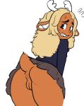  2018 anthro antlers anus black_topwear blonde_hair blush brown_fur brown_nose buckteeth butt cervine clothed clothing deltarune digital_media_(artwork) eyebrows eyelashes female fur grey_bottomwear hair half_clothed horn inner_ear_fluff leaning leaning_forward long_hair looking_back mammal miniskirt no_iris no_underwear noelle_holiday open_mouth pleated_skirt plump_labia presenting presenting_anus presenting_hindquarters presenting_pussy pussy raised_inner_eyebrows raised_tail reccand reindeer shirt short_tail simple_background skirt solo standing sweat sweatdrop teeth thick_thighs video_games white_background white_fur 