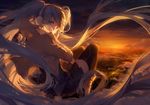  cityscape cloud glow_(vocaloid) hatsune_miku long_hair looking_at_viewer looking_back rella revision sky solo sunset thighhighs twintails very_long_hair vocaloid zettai_ryouiki 