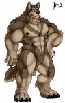  anthro biceps black_nipples blue_eyes brown_fur canine claws fur grey_fur looking_at_viewer male mammal maneater muscles nipples nude pecs plain_background pose sheath smile solo standing tan_fur toe_claws white_background wolf 