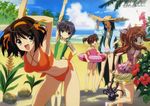  5girls absurdres asahina_mikuru beach bikini brown_hair coconut_crab crab everyone friends hairband highres innertube kyon_no_imouto long_hair multiple_girls nagato_yuki official_art ponytail short_hair suzumiya_haruhi suzumiya_haruhi_no_yuuutsu swimsuit tsuruya very_long_hair wink 