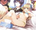  1girl bikini blonde_hair blue_bikini blue_eyes boku_wa_tomodachi_ga_sukunai breasts bug butterfly butterfly_hair_ornament genderswap genderswap_(ftm) hair_ornament insect kabocha_(monkey4) kashiwazaki_sena large_breasts long_hair lying mikazuki_yozora navel on_back pillow poster_(object) swimsuit tissue_box underboob wig 