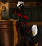  anthro bar black_fur boots breasts chair cleavage clothed clothing crossed_legs eyewear female fingerless_gloves flirt fur gloves goggles green_eyes hair hair_over_eye hi_res laced_boots lacing limizuki mammal open_mouth pose room short_hair sitting skunk solo steampunk tavern white_hair wood 