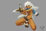  2016 5_fingers clothing crouching dagger fighting_stance footwear front_view grey_background hair holding_object holding_weapon humanoid kiske_7key male melee_weapon muscular muscular_male navel nipples pointy_ears scarf shoes signature simple_background smile underwear weapon white_hair young 