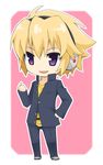  1boy blonde_hair chibi headphones lowres male male_focus mondaiji-tachi_ga_isekai_kara_kuru_sou_desu_yo? purple_eyes sakamaki_izayoi school_uniform solo uniform 