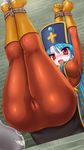  ass bdsm blue_hair blush bodysuit bondage boots bound breasts cameltoe chunsoft dragon_quest dragon_quest_iii enix erect_nipples gloves hat highres metal_slime priest_(dq3) pussy red_eyes rope suspension sweat tears thighs trubka 