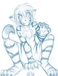  claws digitigrade feline female flora_(twokinds) hair hindpaw looking_at_viewer macro mammal micro monochrome nude paws plain_background size_difference solo tiger toes tom_fischbach twokinds white_background 