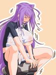  1girl animal_ears areola_slip areolae asobi_ni_iku_yo! bell bike_shorts blush breasts cat_ears collar crotch_rub eyes_closed huge_breasts kuune long_hair masturbation mnjs purple_hair riding riding_machine see-through solo sportswear sweat 