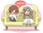  1boy 1girl ahoge apron artist_request axis_powers_hetalia blush boots brown_hair couch couple cross-laced_footwear dress eyebrows_visible_through_hair flower green_dress green_eyes happy hungary_(hetalia) lace-up_boots long_hair no_shoes on_couch pants pillow pillow_hug shirt short_hair shy simple_background sitting southern_italy_(hetalia) sweatdrop thought_bubble white_apron white_shirt 