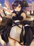  1girl azur_lane bangs bare_shoulders black_hair blush breasts cloud cloudy_sky commentary_request erect_nipples evening highres long_hair looking_at_viewer medium_breasts mole mole_under_eye navel red_eyes rigging sideboob skin_tight sky sleeves_past_wrists solo strap uishiro_(scvu7324) west_virginia_(azur_lane) wide_sleeves 