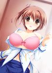  bra breasts brown_eyes brown_hair cleavage da_capo da_capo_iii hinomoto_aoi large_breasts open_clothes open_shirt pink_bra school_uniform shirt short_hair side_ponytail tsuda_akira underwear 