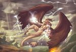  ambiguous_gender brown_feathers brown_hair brown_skin claws cloud feathers fire flying fur hair hindpaw javkiller lightning long_hair nude open_mouth outside paws shoulder_tuft sky smile solo tail_tuft thighs thunderstorm tuft wings 