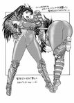  :d aki_kyouma armor ass bent_over bodysuit breasts cameltoe erect_nipples from_behind leg_lift long_hair looking_at_viewer looking_back monochrome open_mouth ponytail skin_tight smile solo soul_calibur soulcalibur_iv standing taki taki_(soulcalibur) translation_request 
