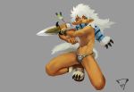  2016 5_fingers clothing crouching dagger fighting_stance footwear front_view grey_background hair holding_object holding_weapon humanoid kiske_7key male melee_weapon muscular muscular_male navel nipples pointy_ears scarf shoes signature simple_background smile thong underwear weapon white_hair young 