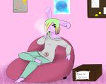  bean_bag carpet dayla_daydream drugs hair lagomorph mammal marijuana multicolored_hair poster rabbit simple_background sitting sweatpants the_mansion_(ncc) trinity_night 