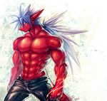  abs anthro biceps big_muscles blue_eyes blue_hair clothed clothing dragon grey_hair hair half-dressed kuron looking_at_viewer magic male muscles pants pecs ponytail pose red_skin scalie smile solo standing toned topless 