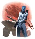  1girl alien armor asari blue_skin gun handgun liara_t&#039;soni liara_t'soni mako mass_effect normandy pistol pixiv_thumbnail resized space_craft vehicle weapon 