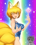  1up 2girls ;d alternate_costume animal_ears blonde_hair blush breasts female fox_ears fox_tail hat heaven_condition highres large_breasts looking_at_viewer multiple_girls one-piece_swimsuit one_eye_closed open_mouth sharp_teeth slit_pupils smile space_jin swimsuit tail touhou wink yakumo_ran yakumo_yukari yellow_eyes 