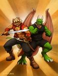  abs anthro bandage belt biceps black_nose blonde_hair blue_eyes brown_fur canine claws clothing dragon duo fangs fur green_scales green_skin hair interspecies jaryl jaryl_(character) jin jin_(character) male mammal muscles open_shirt pecs plain_background pose red_eyes reptile scales scalie scar shirt sword toe_claws torn_clothing warrior weapon wfa wings wolf 