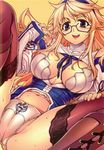  1girl :d black_legwear blonde_hair blue_eyes blush boots breasts cameltoe cleavage freezing_(series) glasses hairband highres long_hair navel open_mouth panties satellizer_el_bridget simple_background smile solo soo-hyon_lee spread_legs sweat thighhighs underwear white_panties yellow_background 