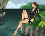  1girl barefoot bikini gun lara_croft source_request swimsuit tomb_raider wallpaper weapon wetsuit 