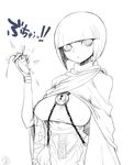  1girl bags_under_eyes blood bob_cut breasts cape castration chains erect_nipples highres holding impossible_clothes impossible_shirt large_breasts lock looking_at_viewer monochrome necro-chan_(space_jin) open_mouth original shirt short_hair simple_background solo space_jin standing testicles white_background 