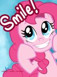  blue_background blue_eyes english_text equine female feral friendship_is_magic fur hair horse mammal my_little_pony pink_fur pink_hair pinkie_pie_(mlp) plain_background pony riotfaerie smile solo text 
