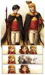  2boys 3girls :d black_hair book broom brown_hair cape ginny_weasley glasses gloves harry_james_potter harry_potter hermione_granger hito_(hito76) lavender_brown multiple_boys multiple_girls open_mouth red_hair ron_weasley scarf smile staff weapon 