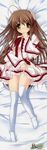  absurdres ahoge braid brown_hair copyright_name dakimakura dress dress_lift flower full_body green_eyes hair_flower hair_ornament highres hinoue_itaru huge_filesize kanbe_kotori legs lying no_shoes panties pantyshot rewrite solo thighhighs twin_braids underwear white_legwear white_panties 