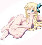  ass ass_grab back barefoot blonde_hair blue_eyes boku_wa_tomodachi_ga_sukunai breast_press breasts butterfly_hair_ornament caryo feet from_behind grabbing_own_ass hair_ornament kashiwazaki_sena large_breasts long_hair long_legs looking_back lying nanashino nude on_side open_mouth shadow sideboob simple_background soles solo sweat white_background 