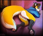  5_toes anus balls bed black_nose bottomless brown_hair butt canine clothed clothing digitigrade fluffy_tail fox hair half-dressed hindpaw looking_at_viewer looking_back lying male mammal on_front pawpads paws presenting presenting_hindquarters rarakie soles solo toes 