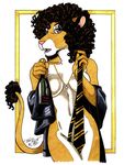  alcohol beverage bottle breasts convenient_censorship curly_hair feline female hi_res lion looking_at_viewer mammal necklace necktie open_mouth purple_eyes solo terrie_smith undressing 