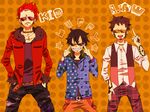  alternate_costume black_hair chain_necklace character_name earrings eustass_captain_kid facial_hair finger fingers fur_trim goatee hands_in_pockets hanging_suspenders headphones hood hoodie jacket jewelry male male_focus monkey_d_luffy multiple_boys necklace one_piece ozu_(doituitaria) plaid plaid_pants polka_dot polka_dot_background red_hair sunglasses supernova suspenders tattoo tongue trafalgar_law trio 