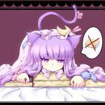  :&lt; animal_ears book book_stack cat_ears cat_tail commentary coo crescent crossed_out dress hair_ribbon hat highres kemonomimi_mode long_hair looking_at_viewer lying on_stomach patchouli_knowledge purple_dress purple_eyes purple_hair ribbon solo tail tail_ribbon touhou tress_ribbon 