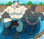  abs anthro biceps big_muscles canine convenient_censorship dane dog duo fur giant great great_dane hound_(character) houndgrey male mammal marsupial mega mini muscles nude opossum pecs pool pro size_difference wrestler 