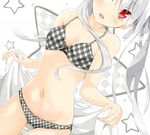  bare_shoulders blush bra breasts checkered checkered_background cleavage dutch_angle hair_ribbon kitsune_(scaz) long_hair medium_breasts navel original panties plaid plaid_bra plaid_panties red_eyes ribbon silver_hair smile solo thigh_gap towel twintails underwear underwear_only wet 