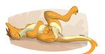  3_toes anus claws cloaca digitigrade dragon eyes_closed female feral hindpaw horn lying nude on_back orange_scales paws plain_background pussy scalie solo spread_legs spreading toes tuke white_background 
