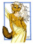  absurd_res breasts brown_eyes brown_fur chest_tuft claws clothed clothing covering female front fur hair half-dressed hi_res long_hair looking_at_viewer mammal marten mustelid navel nipples nude pine_marten plain_background smile solo standing terrie_smith topless tuft white_background 
