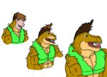  abs anthro biceps brown_skin clothing comic dinosaur fangs hair human jonathan_alexander male mammal maxime-jeanne muscles pecs plain_background reptile scalie shirt theropod torn_clothing transformation tyrannosaurus_rex vein white_background 