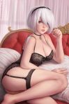  absurdres alternate_costume ass bell blue_eyes breasts choker cleavage clenched_hand couch dated garter_straps hair_over_one_eye headband highres jingle_bell kemonomimi_mode lips looking_at_viewer maid mirco_cabbia mole mole_under_eye nier_(series) nier_automata paid_reward parted_lips patreon_reward paw_pose short_hair signature sitting solo white_hair yorha_no._2_type_b 