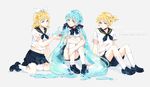  2girls absurdres aqua_eyes aqua_hair arm_support blonde_hair bottle_len bottle_miku bottle_rin brother_and_sister character_name fish hair_ribbon hatsune_miku highres kagamine_len kagamine_rin leg_hug liquid_hair loafers long_hair midriff multiple_girls nail_polish navel ribbon school_uniform serafuku shoes short_hair shorts siblings simple_background sitting skirt socks starfish tears thighhighs twintails very_long_hair vocaloid water yaoshi_jun 