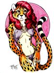  cheetah clothed clothing feline female hair jewelry long_hair looking_at_viewer mammal necklace red_hair skimpy solo terrie_smith yellow_eyes 