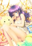  :3 bare_shoulders barefoot bed_sheet blue_eyes blush breasts brown_eyes cleavage dress fetal_position from_above legs long_hair looking_at_viewer medium_breasts naked_sheet original pillow purple_hair ribbon sleeveless sleeveless_dress stuffed_animal stuffed_cat stuffed_toy touto_seiro white_dress 