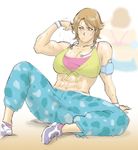  abs absurdres bikini_top blush brown_hair flex flexing headphones heavy_breathing highres muscle nappy_happy original pants pose reflection shoes short_hair side_glance simple_background sitting sneakers sports_bra sweat sweatpants white_background wristband zhang-yanhua 