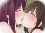  2girls bare_shoulders brown_hair commentary_request eyebrows_visible_through_hair eyes_closed french_kiss green_background kiss kozue_akari multiple_girls original portrait purple_hair tears yuri 