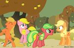  applejack_(g1) applejack_(g3) applejack_(mlp) aquatic_neon aquaticneon blonde_hair blong_hair blue_eyes cowboy_cat crossover cutie_mark equine excited eyes_closed female feral forest freckles friendship_is_magic fur g3 green_eyes green_hair group hair horse mammal my_little_pony my_little_pony_tales orange_fur outside pink_fur pony red_fur starlight starlight_(mlp) surprise tree two_tone_hair 