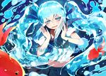  blue_eyes blue_hair bottle_miku character_name fish hatsune_miku highres liquid_hair long_hair midriff nono_(emem0421) school_uniform serafuku skirt solo twintails very_long_hair vocaloid water 